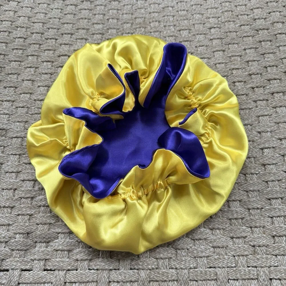 Reversible Satin Sleep Bonnet – Blue & Yellow– Extra Large, Elastic Fit